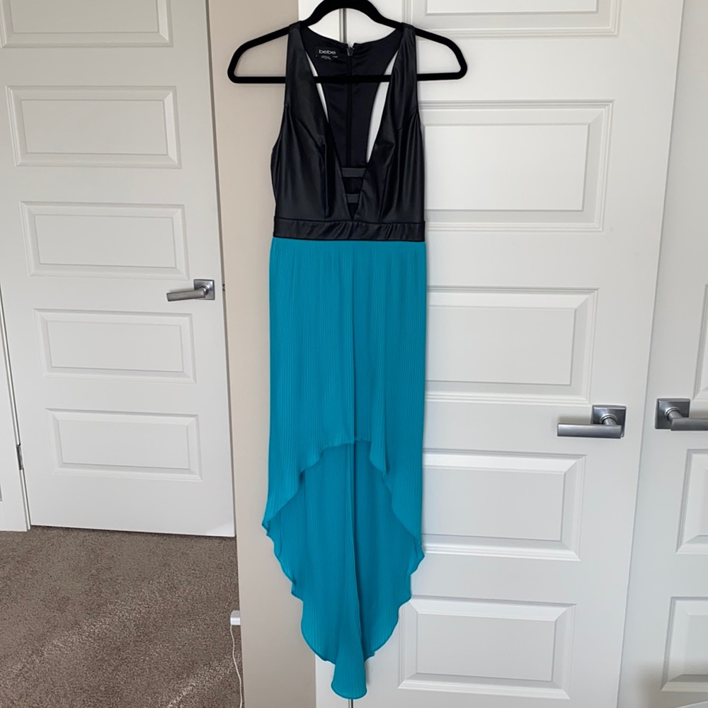BNWOT Bebe Hi-lo style dress with faux leather detail, size 0